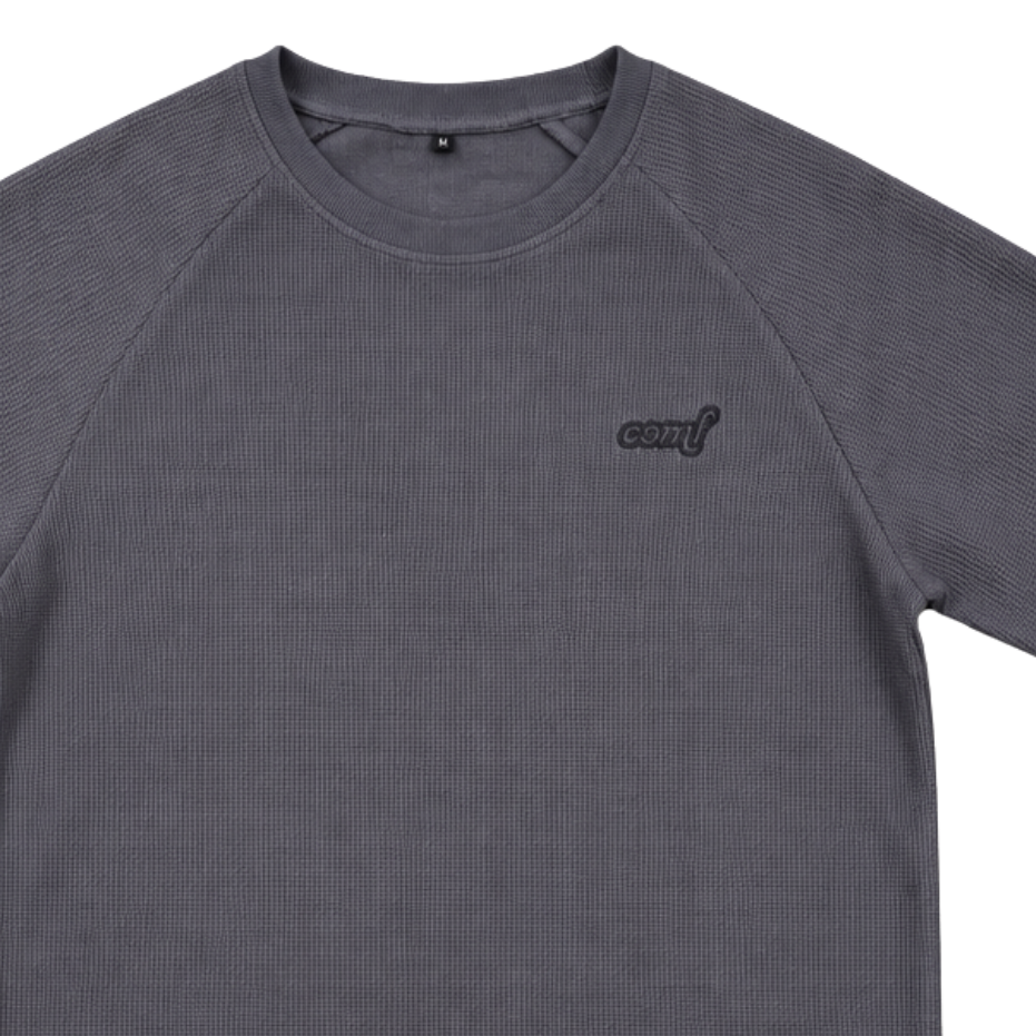 Washed Charcoal COMF waffle thermal chest, ribbed neckline and embroidered logo detail
