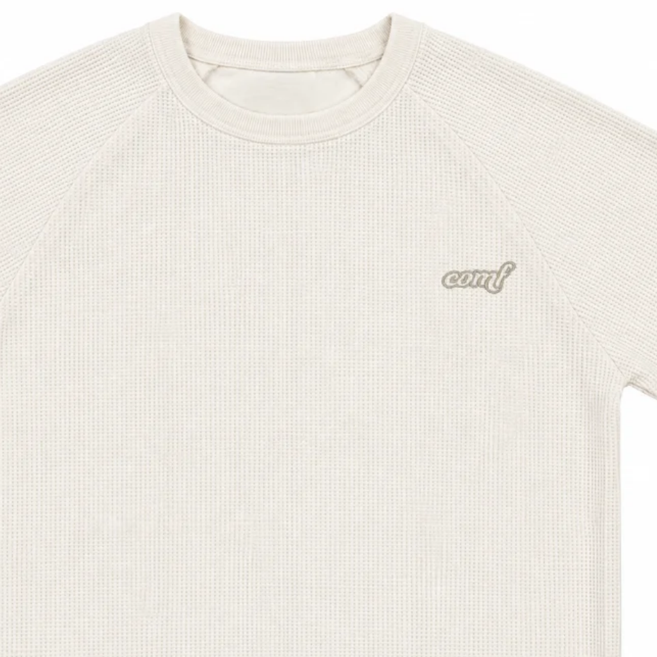 Cream COMF waffle thermal chest, ribbed neckline and embroidered logo detail