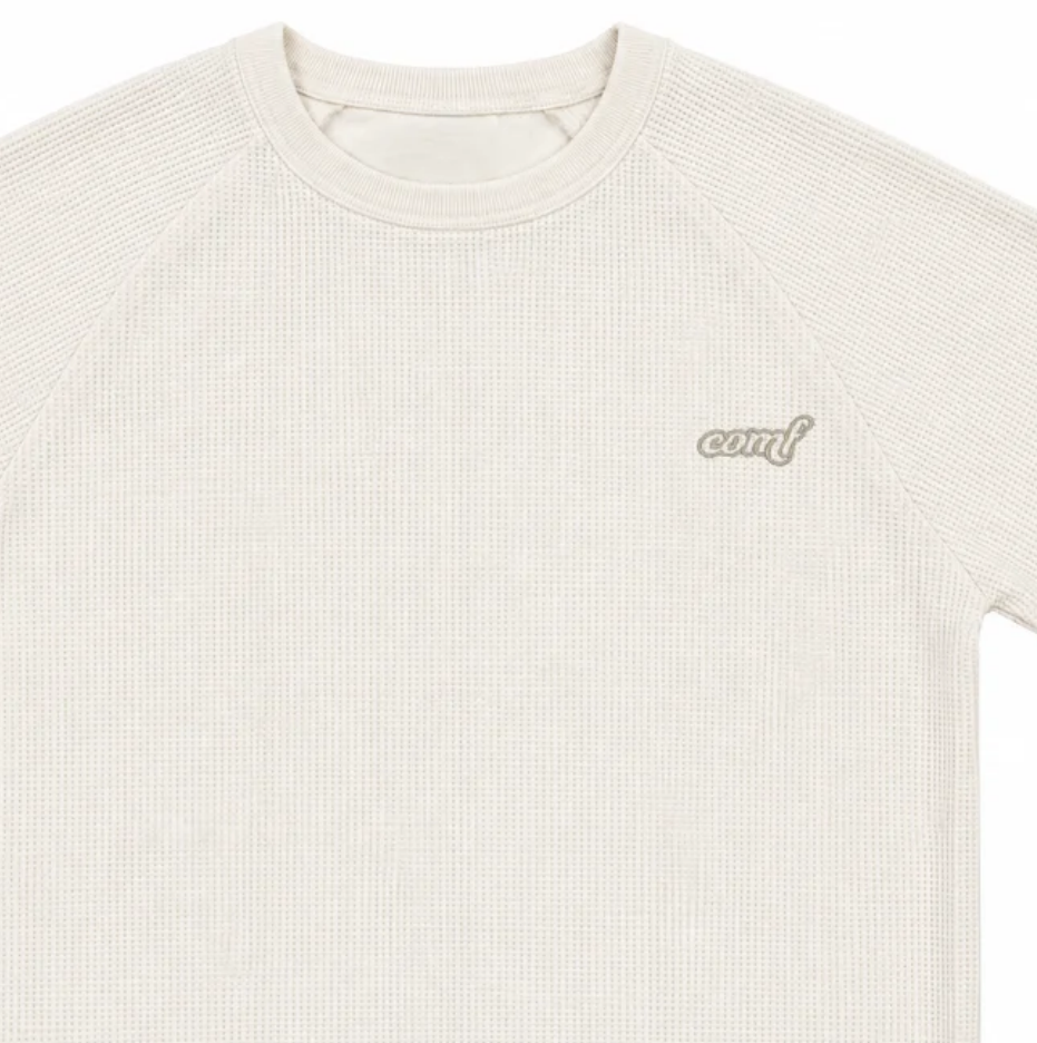 Cream COMF waffle thermal chest, ribbed neckline and embroidered logo detail