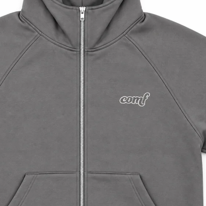 Smoke Gray COMF men's zip-up hoodie zipper, embroidered chest logo and fabric detail